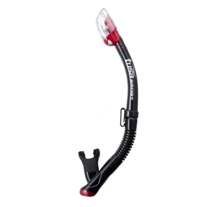 TUSA Hyperdry Elite dry top technology stops water from entering into the snorkel, a drain chamber & purge valve for easy clearing, and silicone mouthpiece.